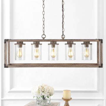 Zeniba 36" Linear Adjustable Iron/Seeded Glass Rustic Farmhouse LED Pendant - JONATHAN Y